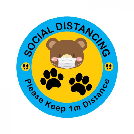 Covid-19 Floor Sticker Please Keep 1M Distance Bear Blue 26cm 3pcs